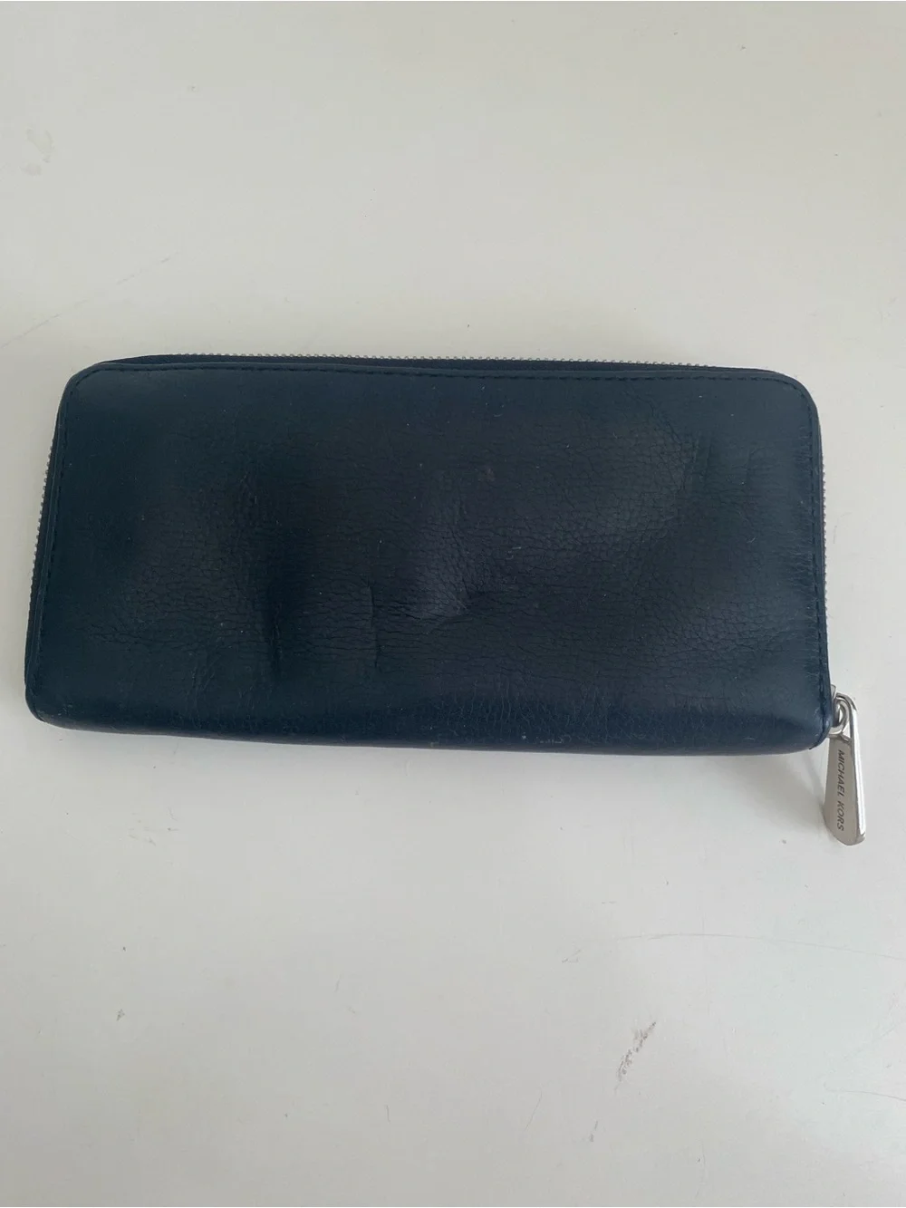 Michael Kors Black Leather Zip-Around Wallet with Silver MK Logo